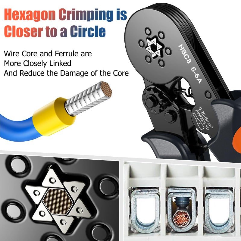 Preciva Ferrule Crimping Tool Kit with 1900PCS Wire Connectors, Hexagonal AWG23-10 Sawtooth Self-Adjustable Ratchet Wire Terminals Crimper Kit - Image 4